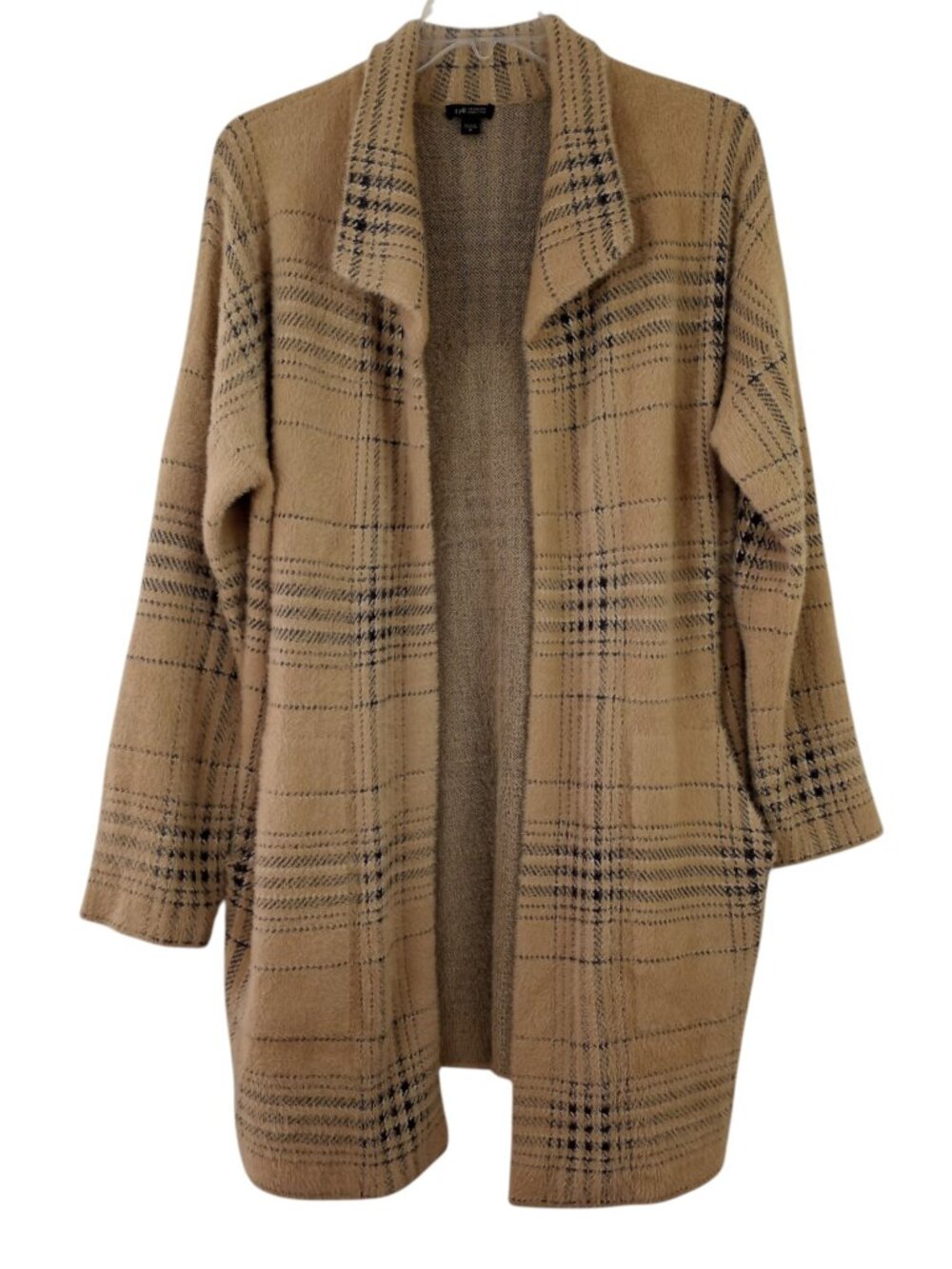 J Jill Wearever Tan Black Plaid Open Midi Cardigan Duster Sweater Coat sz Medium